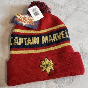 NWT Captain Marvel Red Gold Blue Pompom Beanie Winter Hat